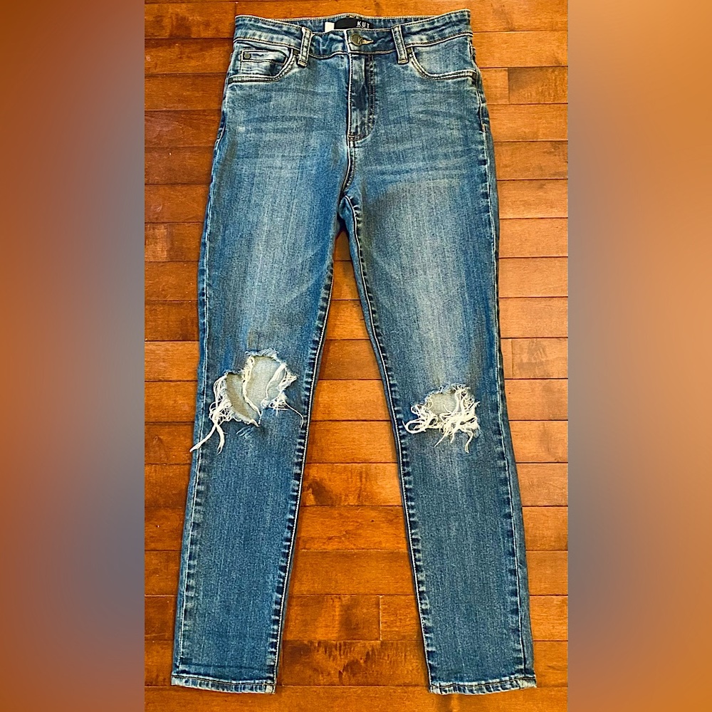 Kut From The Kloth Catherine High Rise Boyfriend Destroyed Denim Blue Jeans SZ 0